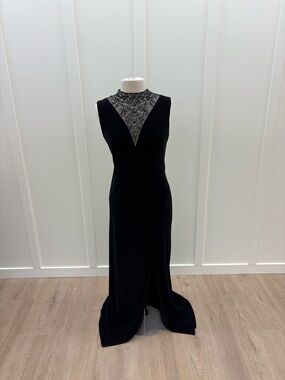 Adrianna Papell Black Beaded High-Neck Maxi Gown